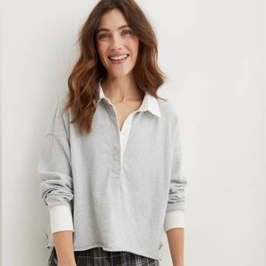 Aerie | Polo Crop Sweatshirt With Collar Gray White Large